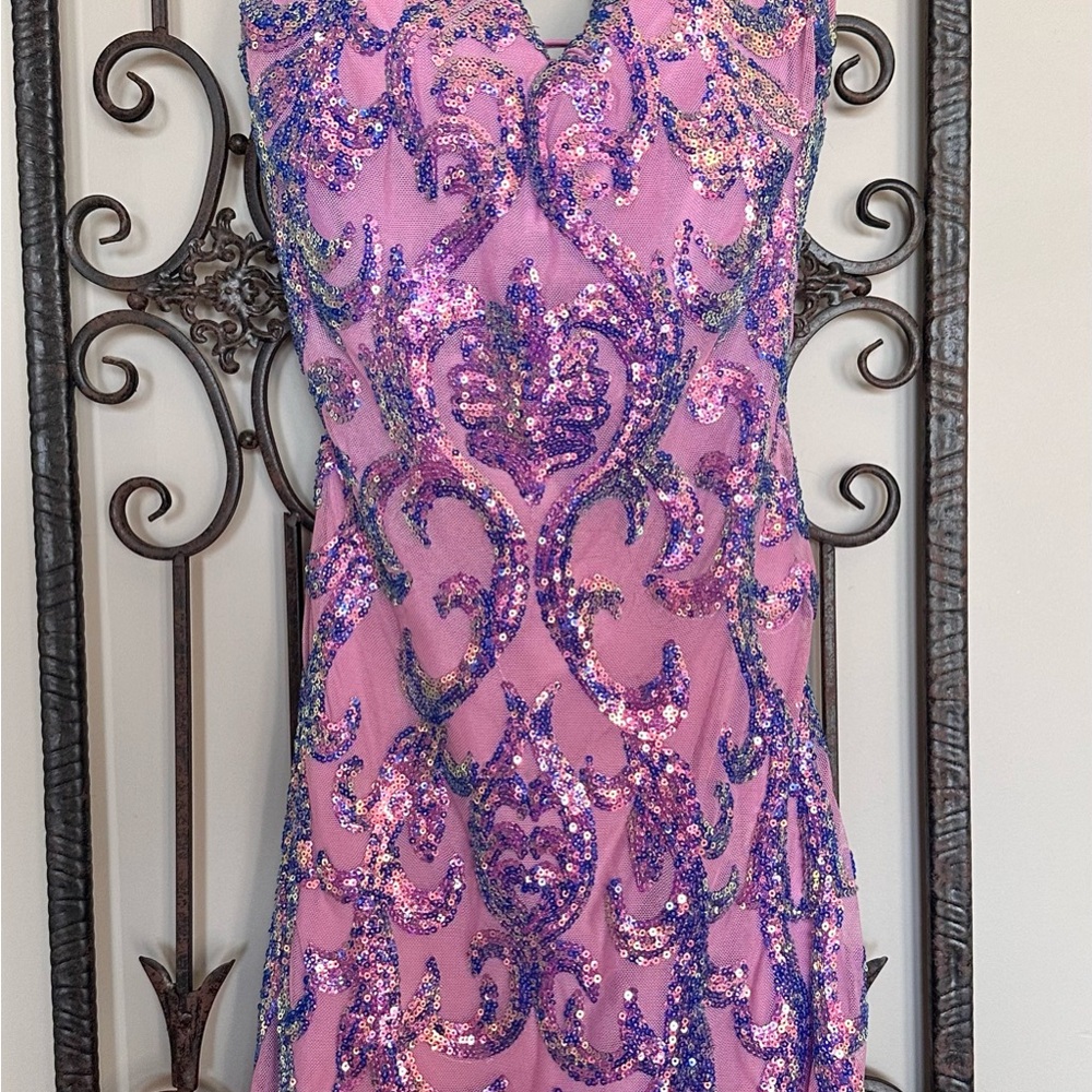 Elegant Pink and Purple Sequin Dress prom homecoming party EUC Size 3/4.
